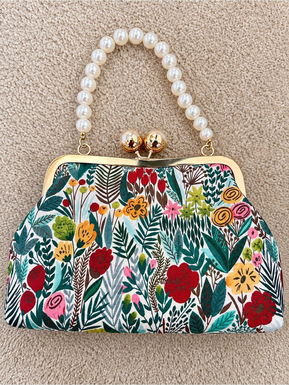 Floral Pearl-Handle Frame Clutch - Multicolor
